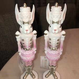 🌸 TWO Pink and White Nutcracker Bunny Figurines